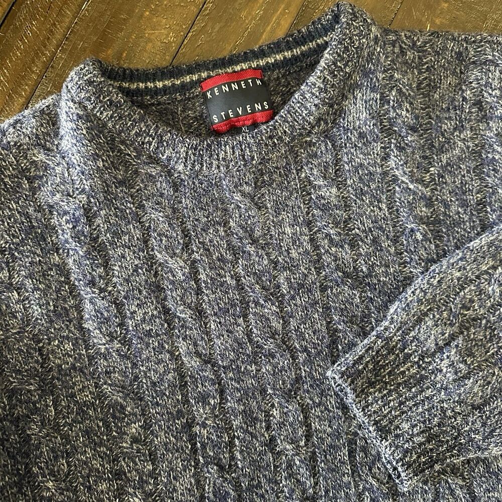 Kenneth Stevens Sweater Mens XL Blue 100% Wool Cable Knit Crew Pullover Classic